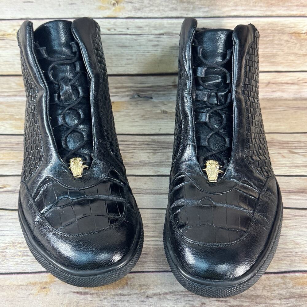 Studio Belvedere Mens Black Woven Calf Leather Alligator High Top Sneakers 12 - Picture 3 of 11
